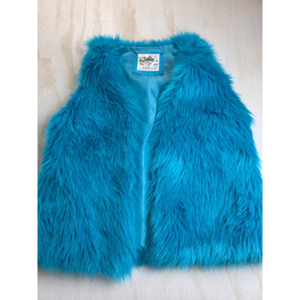 Justice Girls Turquoise Blue Faux Fur Vest Shaggy Open Front Y2K Size 12